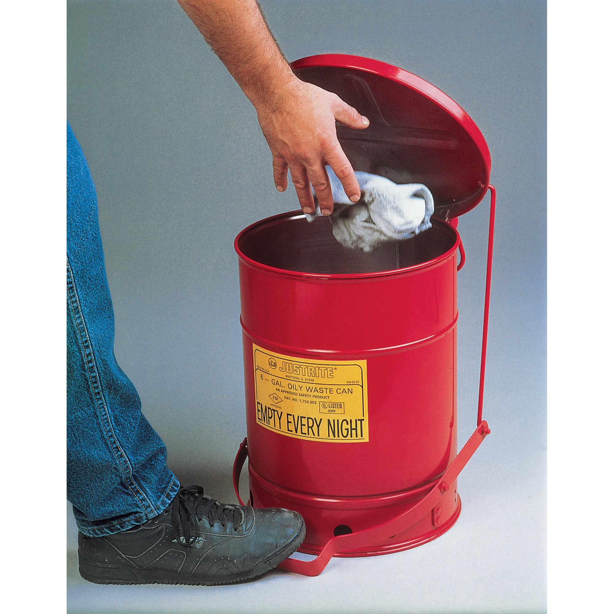 Justrite Oil Waste Can — 6 Gallon, Foot-Operated Cover, Red, Model# 09100